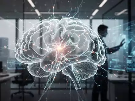 Eine stilisierte Gehirngrafik mit leuchtenden neuronalen Pfaden über einem unscharfen modernen Bürohintergrund, der Innovation und Fokus symbolisiert. - Foto: über boerse-global.de