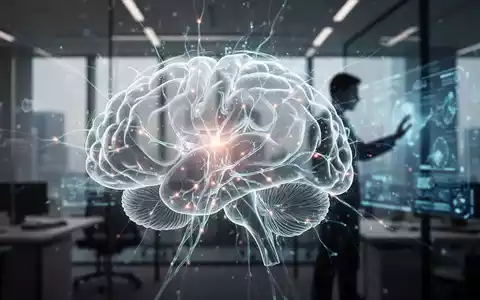 Eine stilisierte Gehirngrafik mit leuchtenden neuronalen Pfaden über einem unscharfen modernen Bürohintergrund, der Innovation und Fokus symbolisiert. - Foto: über boerse-global.de