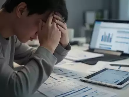 Eine junge Person sitzt nachdenklich am Schreibtisch, den Kopf in den Händen, mit unscharfen Dokumenten im Hintergrund. - Foto: über boerse-global.de