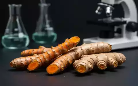 Nahaufnahme von Kurkuma-Rhizomen und Ingwerwurzeln mit unscharfen Laborgeräten im Hintergrund, die medizinische Forschung symbolisieren. - Foto: über boerse-global.de