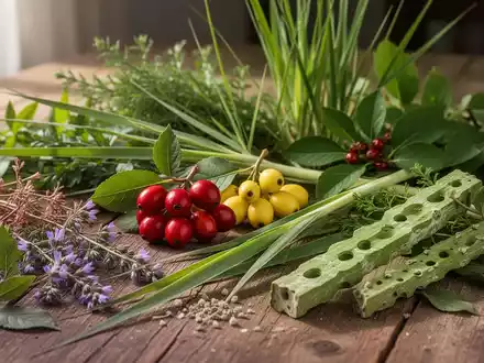 Nahaufnahme verschiedener Heilpflanzen wie Stemona, Kornelkirsche, Zitronengras und Cissus auf einem Holztisch, sanft beleuchtet. - Foto: über boerse-global.de