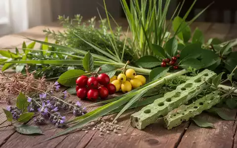 Nahaufnahme verschiedener Heilpflanzen wie Stemona, Kornelkirsche, Zitronengras und Cissus auf einem Holztisch, sanft beleuchtet. - Foto: über boerse-global.de