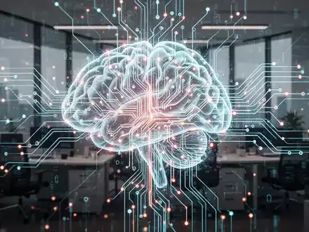 Leuchtendes, komplexes neuronales Netzwerk über modernem Büro, symbolisiert KI-Integration in Unternehmen. - Foto: über boerse-global.de