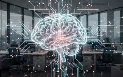 Leuchtendes, komplexes neuronales Netzwerk über modernem Büro, symbolisiert KI-Integration in Unternehmen. - Foto: über boerse-global.de