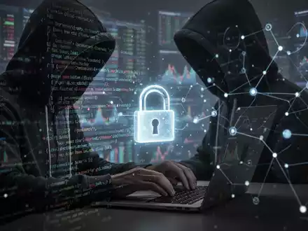 Person in Kapuzenjacke tippt auf Laptop, mit digitalem Code und Vorhängeschloss-Überlagerung, symbolisiert Cybersicherheitsbedrohungen im Bankwesen. - Foto: über boerse-global.de
