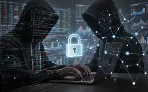 Person in Kapuzenjacke tippt auf Laptop, mit digitalem Code und Vorhängeschloss-Überlagerung, symbolisiert Cybersicherheitsbedrohungen im Bankwesen. - Foto: über boerse-global.de