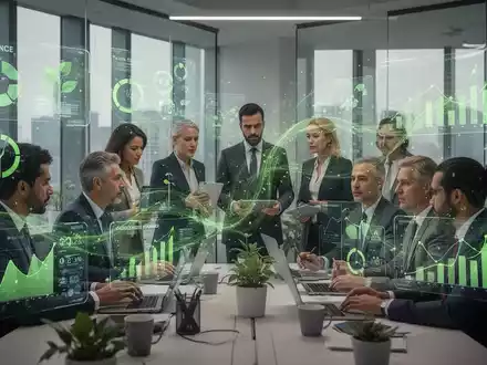 Geschäftsleute diskutieren Nachhaltigkeitsberichte und digitale Datenvisualisierungen in einem modernen Büro, das Compliance und grüne Finanzen darstellt. - Foto: über boerse-global.de