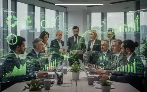 Geschäftsleute diskutieren Nachhaltigkeitsberichte und digitale Datenvisualisierungen in einem modernen Büro, das Compliance und grüne Finanzen darstellt. - Foto: über boerse-global.de