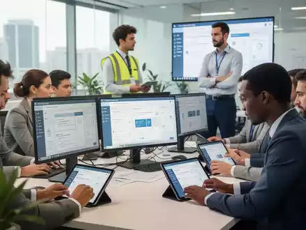 Mitarbeiter nehmen an einer digitalen Arbeitssicherheitsunterweisung an Tablets und Computern teil, im Hintergrund eine Sicherheitsfachkraft. - Foto: über boerse-global.de
