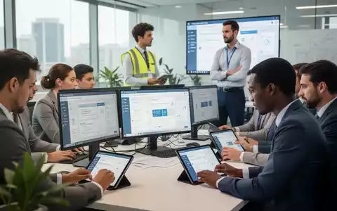Mitarbeiter nehmen an einer digitalen Arbeitssicherheitsunterweisung an Tablets und Computern teil, im Hintergrund eine Sicherheitsfachkraft. - Foto: über boerse-global.de