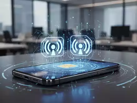 Nahaufnahme eines Smartphone-Bildschirms mit Dual-SIM-Symbolen für geschäftliche und private Leitungen in einem professionellen Umfeld. - Foto: über boerse-global.de
