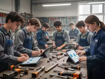 Junge Handwerker in einem modernen Ausbildungzentrum. Sie arbeiten an verschiedenen Projekten, einige nutzen Tablets. - Foto: über boerse-global.de
