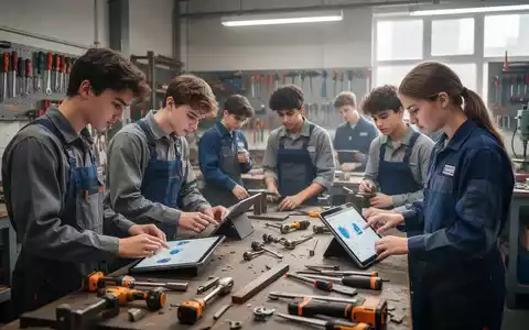 Junge Handwerker in einem modernen Ausbildungzentrum. Sie arbeiten an verschiedenen Projekten, einige nutzen Tablets. - Foto: über boerse-global.de