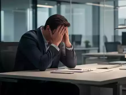 Eine Person sitzt an einem modernen Büroschreibtisch und hält den Kopf in den Händen, wirkt gestresst oder überfordert. - Foto: über boerse-global.de