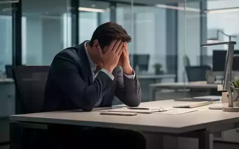 Eine Person sitzt an einem modernen Büroschreibtisch und hält den Kopf in den Händen, wirkt gestresst oder überfordert. - Foto: über boerse-global.de
