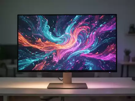 Nahaufnahme eines eleganten, modernen 27-Zoll-Dell-Monitors mit lebendigen Grafiken und sanftem Glühen auf einem minimalistischen Schreibtisch. - Foto: über boerse-global.de