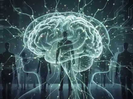 Eine stilisierte, leuchtende KI-Gehirnstruktur oder ein neuronales Netzwerk, das sich mit menschlichen Silhouetten verschränkt. - Foto: über boerse-global.de