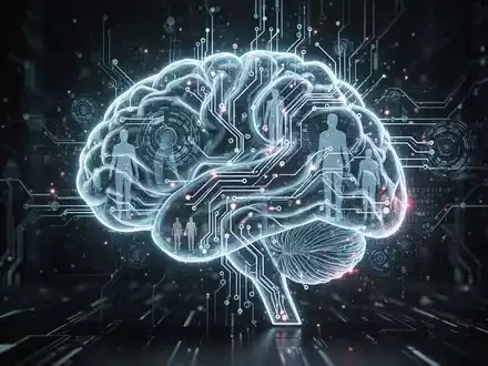Ein stilisiertes, leuchtendes Gehirn mit digitalen Schaltungen und abstrakten Mustern, das Technologie und kognitive Funktionen darstellt. - Foto: ĂŒber boerse-global.de
