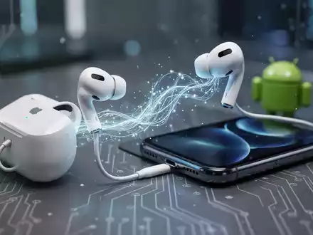 Apple AirPods Pro, verbunden mit einem Android-Smartphone durch einen leuchtenden Datenstrom, symbolisiert plattformübergreifende Kompatibilität. - Foto: über boerse-global.de