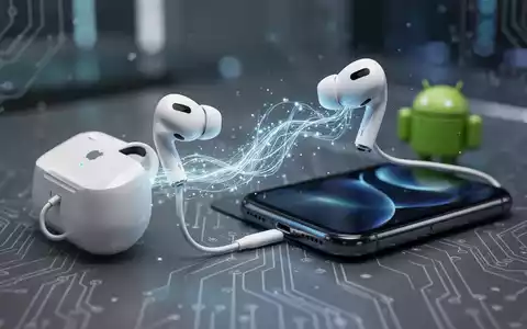 Apple AirPods Pro, verbunden mit einem Android-Smartphone durch einen leuchtenden Datenstrom, symbolisiert plattformübergreifende Kompatibilität. - Foto: über boerse-global.de