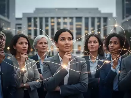 Eine Gruppe von Menschen, die durch leuchtende Linien verbunden sind, vor einem unscharfen modernen Gebäude, symbolisiert Präventionsnetzwerke. - Foto: über boerse-global.de