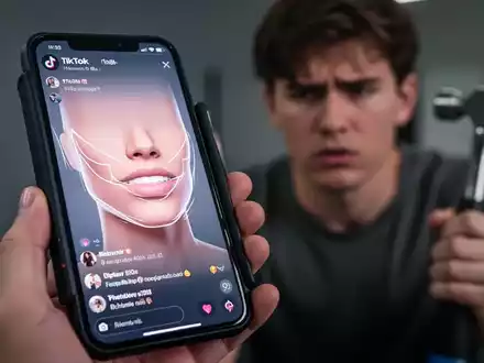 Nahaufnahme eines Smartphones mit einem Fitness-Video, im Hintergrund eine junge, nachdenkliche Person, die einen Hammer hält. - Foto: über boerse-global.de