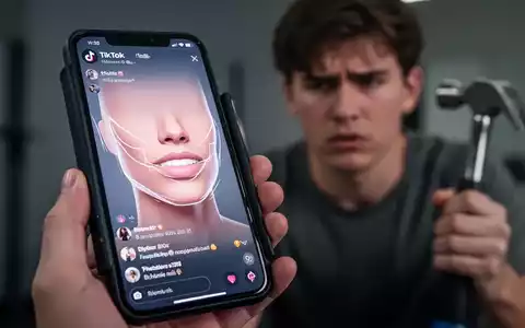Nahaufnahme eines Smartphones mit einem Fitness-Video, im Hintergrund eine junge, nachdenkliche Person, die einen Hammer hält. - Foto: über boerse-global.de