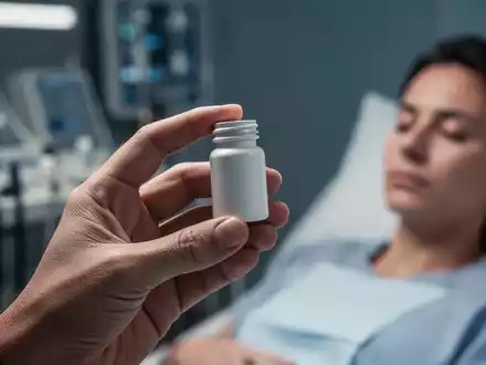 Eine Hand hält eine kleine, weiße Pillenflasche vor einem verschwommenen Hintergrund mit medizinischer Ausrüstung. - Foto: über boerse-global.de