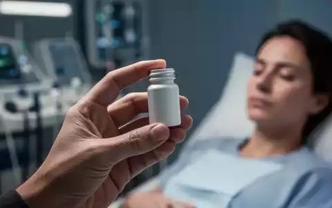 Eine Hand hält eine kleine, weiße Pillenflasche vor einem verschwommenen Hintergrund mit medizinischer Ausrüstung. - Foto: über boerse-global.de