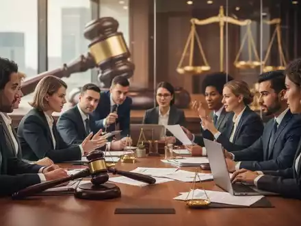 Eine vielfältige Gruppe von Fachleuten in einem modernen Büro, die Gleichbehandlung und rechtliche Themen diskutieren. Symbole der Gerechtigkeit im Hintergrund. - Foto: über boerse-global.de
