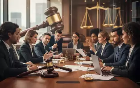 Eine vielfältige Gruppe von Fachleuten in einem modernen Büro, die Gleichbehandlung und rechtliche Themen diskutieren. Symbole der Gerechtigkeit im Hintergrund. - Foto: über boerse-global.de