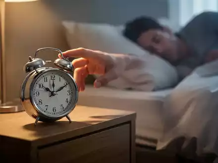 Eine Hand greift nach einem Wecker auf einem Nachttisch im weichen Morgenlicht, was Prokrastination und den Kampf um Ruhe symbolisiert. - Foto: über boerse-global.de