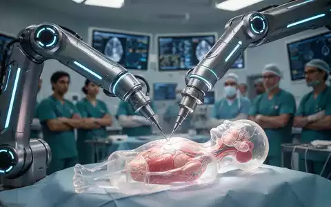 Nahaufnahme eines robotischen Chirurgiearms mit blauen Leuchten bei präziser Operation in modernem OP-Saal. - Foto: über boerse-global.de