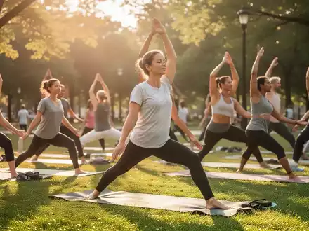 Eine vielfältige Gruppe von Menschen praktiziert sanftes Yoga im Freien in einem ruhigen Park, beleuchtet von warmer Sommersonne. - Foto: über boerse-global.de