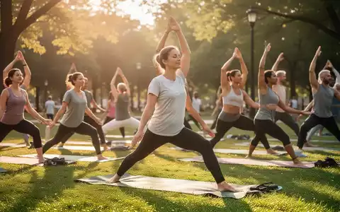 Eine vielfältige Gruppe von Menschen praktiziert sanftes Yoga im Freien in einem ruhigen Park, beleuchtet von warmer Sommersonne. - Foto: über boerse-global.de