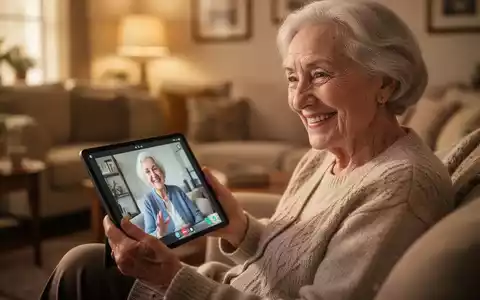 Eine ältere Frau lächelt beim Videochat auf einem Tablet, unscharfer Wohnzimmerhintergrund. - Foto: über boerse-global.de