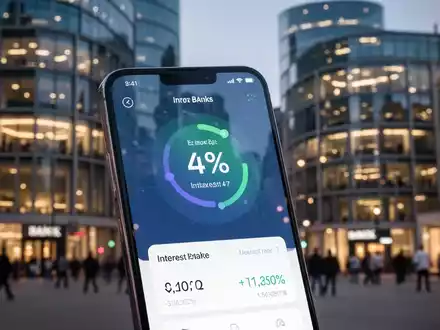 Smartphone zeigt 4% Zinssatz in Banking-App, verschwommene moderne Bankgebäude in der Abenddämmerung. - Foto: über boerse-global.de
