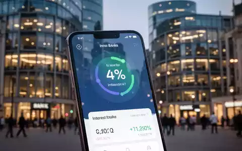 Smartphone zeigt 4% Zinssatz in Banking-App, verschwommene moderne Bankgebäude in der Abenddämmerung. - Foto: über boerse-global.de