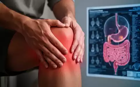 Nahaufnahme von Händen, die ein schmerzendes Knie berühren, mit unscharfen medizinischen Diagrammen im Hintergrund. - Foto: über boerse-global.de