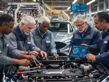 Erfahrene Ingenieure inspizieren ein Ford-Fahrzeug in der Fabrikhalle, kombinieren traditionelle Werkzeuge mit KI-Diagnosetafeln. - Foto: über boerse-global.de