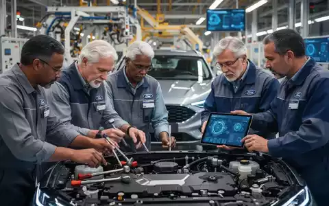 Erfahrene Ingenieure inspizieren ein Ford-Fahrzeug in der Fabrikhalle, kombinieren traditionelle Werkzeuge mit KI-Diagnosetafeln. - Foto: über boerse-global.de