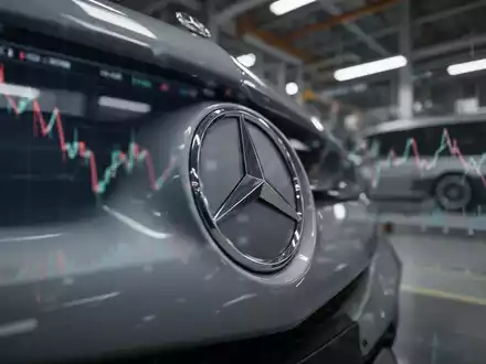 Nahaufnahme eines Mercedes-Benz-Logos, verschwommen im Vordergrund, mit einem dunklen Fabrik- oder Finanzdiagramm im Hintergrund. - Foto: über boerse-global.de
