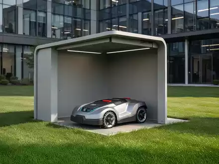 Ein moderner Mähroboter steht in seiner kleinen Garage auf einer perfekt gepflegten Rasenfläche vor einem Bürogebäude. - Foto: über boerse-global.de