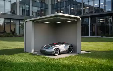Ein moderner Mähroboter steht in seiner kleinen Garage auf einer perfekt gepflegten Rasenfläche vor einem Bürogebäude. - Foto: über boerse-global.de