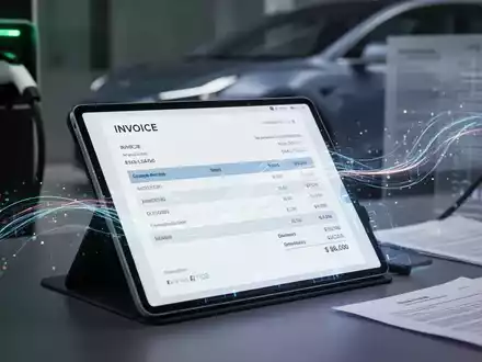 Eine digitale Rechnung (E-Rechnung) auf einem Tablet, umgeben von Elementen, die Gesetzgebung und Elektromobilität andeuten. - Foto: über boerse-global.de