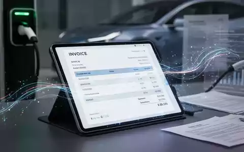 Eine digitale Rechnung (E-Rechnung) auf einem Tablet, umgeben von Elementen, die Gesetzgebung und Elektromobilität andeuten. - Foto: über boerse-global.de
