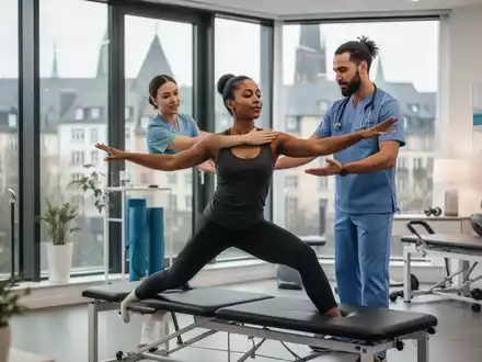 Eine moderne Physiotherapiepraxis in Köln mit einem Patienten, der eine aktive Übung unter Anleitung eines Therapeuten ausführt. - Foto: über boerse-global.de