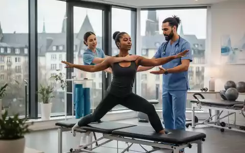 Eine moderne Physiotherapiepraxis in Köln mit einem Patienten, der eine aktive Übung unter Anleitung eines Therapeuten ausführt. - Foto: über boerse-global.de
