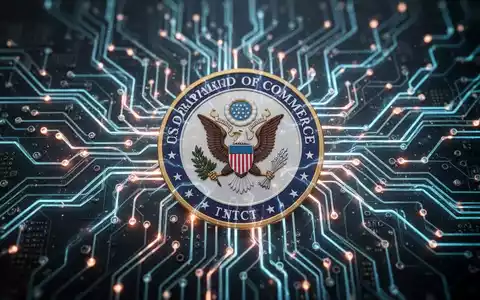 Eine stilisierte, leuchtende neuronale Netzwerkgrafik, die KI darstellt, mit einem subtilen Overlay des Siegels des US-Handelsministeriums. - Foto: über boerse-global.de
