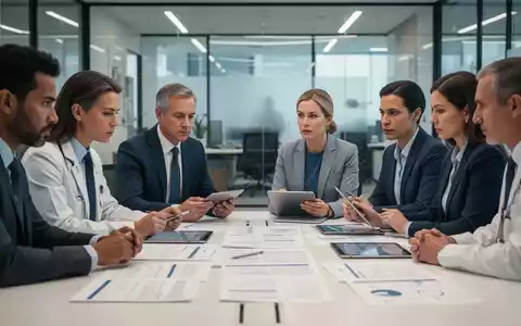 Eine Gruppe von Gesundheitsmanagern und Sachbearbeitern arbeitet konzentriert an Dokumenten und Tablets in einem modernen Büro. - Foto: über boerse-global.de